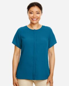 Devon & Jones DP612W Women’s Perfect Fit™ Crepe Blouse – Dark Teal (on model)
