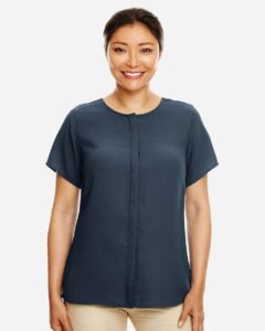 Devon & Jones DP612W Women’s Perfect Fit™ Crepe Blouse – Navy (on model)
