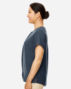 Devon & Jones DP612W Women’s Perfect Fit™ Crepe Blouse – Navy (on model side)