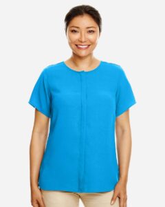 Devon & Jones DP612W Women’s Perfect Fit™ Crepe Blouse – Ocean Blue (on model)