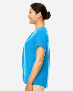 Devon & Jones DP612W Women’s Perfect Fit™ Crepe Blouse – Ocean Blue (on model side)