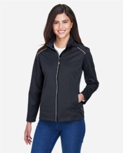 CORE365 CE708W Women’s Techno Lite Three-Layer Knit Tech-Shell – Black (on model)