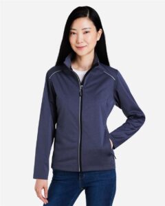 CORE365 CE708W Women’s Techno Lite Three-Layer Knit Tech-Shell – Classic Navy Heather (on model)