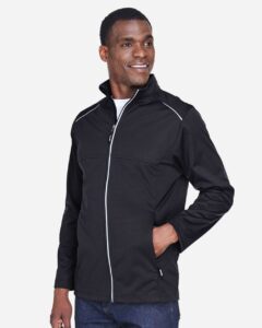 CORE365 CE708 Men’s Techno Lite Three-Layer Knit Tech-Shell – Black (on model side)