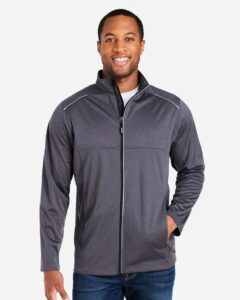 CORE365 CE708 Men’s Techno Lite Three-Layer Knit Tech-Shell – Carbon Heather (on model)