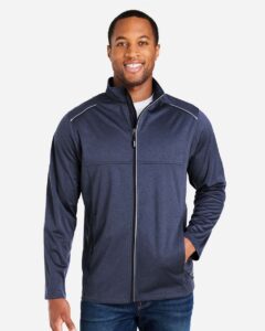 CORE365 CE708 Men’s Techno Lite Three-Layer Knit Tech-Shell – Classic Navy Heather (on model)