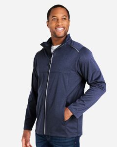 CORE365 CE708 Men’s Techno Lite Three-Layer Knit Tech-Shell – Classic Navy Heather (on model side)