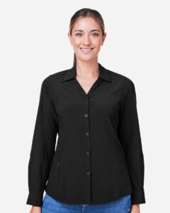 CORE365 CE510LW Women’s Ultra UVP® Marina Shirt – Black (on model)