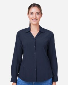 CORE365 CE510LW Women’s Ultra UVP® Marina Shirt – Classic Navy (on model)