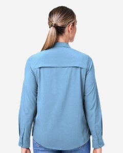 CORE365 CE510LW Women’s Ultra UVP® Marina Shirt – Columbia Blue (on model back)