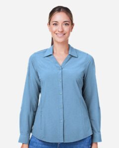 CORE365 CE510LW Women’s Ultra UVP® Marina Shirt – Columbia Blue (on model)