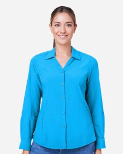CORE365 CE510LW Women’s Ultra UVP® Marina Shirt – Electric Blue (on model)