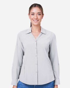 CORE365 CE510LW Women’s Ultra UVP® Marina Shirt – Platinum (on model)