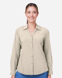 CORE365 CE510LW Women’s Ultra UVP® Marina Shirt – Stone (on model)