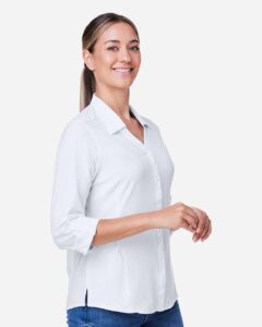 CORE365 CE510LW Women’s Ultra UVP® Marina Shirt – White (on model side)