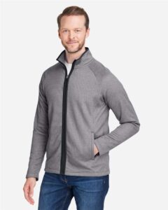 CORE365 CE72 Men’s Venture Heathered Stripe Full-Zip Jacket – Black/ White (on model side)