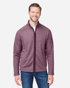 CORE365 CE72 Men’s Venture Heathered Stripe Full-Zip Jacket – Burgundy/ White (on model)