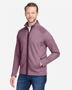 CORE365 CE72 Men’s Venture Heathered Stripe Full-Zip Jacket – Burgundy/ White (on model side)