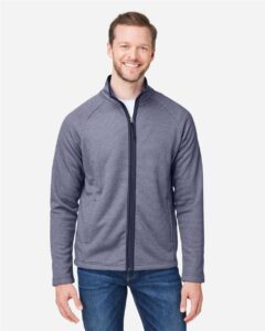 CORE365 CE72 Men’s Venture Heathered Stripe Full-Zip Jacket – Classic Navy/ White (on model)