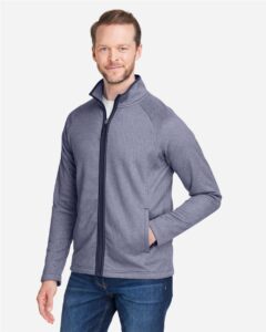 CORE365 CE72 Men’s Venture Heathered Stripe Full-Zip Jacket – Classic Navy/ White (on model side)