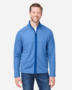CORE365 CE72 Men’s Venture Heathered Stripe Full-Zip Jacket – True Royal/ White (on model)