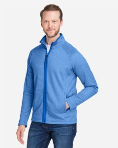 CORE365 CE72 Men’s Venture Heathered Stripe Full-Zip Jacket – True Royal/ White (on model side)