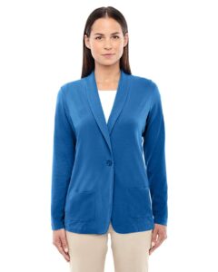Devon & Jones DP462W Women’s Perfect Fit™ Shawl Collar Cardigan – French Blue (on model)