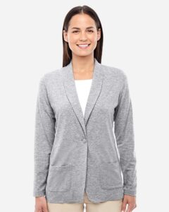 Devon & Jones DP462W Women’s Perfect Fit™ Shawl Collar Cardigan – Grey Heather (on model)