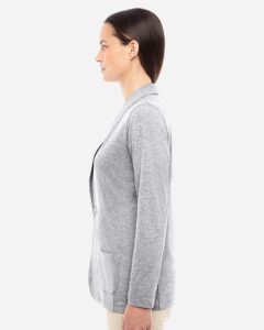 Devon & Jones DP462W Women’s Perfect Fit™ Shawl Collar Cardigan – Grey Heather (on model side)