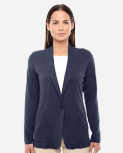 Devon & Jones DP462W Women’s Perfect Fit™ Shawl Collar Cardigan – Navy (on model)