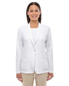 Devon & Jones DP462W Women’s Perfect Fit™ Shawl Collar Cardigan – White (on model)