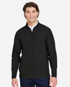 Devon & Jones DG410 Men’s CrownLux Performance® Windsor Welded Quarter-Zip Pullover – Black (on model)