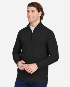 Devon & Jones DG410 Men’s CrownLux Performance® Windsor Welded Quarter-Zip Pullover – Black (on model side)