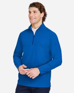 Devon & Jones DG410 Men’s CrownLux Performance® Windsor Welded Quarter-Zip Pullover – French Blue (on model side)