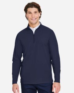 Devon & Jones DG410 Men’s CrownLux Performance® Windsor Welded Quarter-Zip Pullover – Navy (on model)