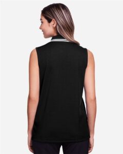 Devon & Jones DG20SW Women’s CrownLux Performance® Plaited Tipped Sleeveless Polo – Black/ White (on model back)