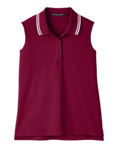 Devon & Jones DG20SW Women’s CrownLux Performance® Plaited Tipped Sleeveless Polo – Burgundy/ White