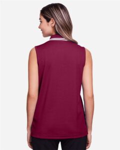 Devon & Jones DG20SW Women’s CrownLux Performance® Plaited Tipped Sleeveless Polo – Burgundy/ White (on model back)