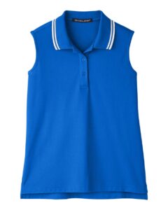Devon & Jones DG20SW Women’s CrownLux Performance® Plaited Tipped Sleeveless Polo – French Blue/ White