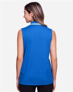 Devon & Jones DG20SW Women’s CrownLux Performance® Plaited Tipped Sleeveless Polo – French Blue/ White (on model back)