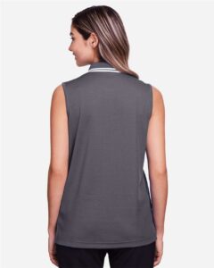 Devon & Jones DG20SW Women’s CrownLux Performance® Plaited Tipped Sleeveless Polo – Graphite/ White (on model back)