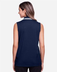 Devon & Jones DG20SW Women’s CrownLux Performance® Plaited Tipped Sleeveless Polo – Navy/ White (on model back)