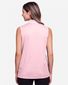 Devon & Jones DG20SW Women’s CrownLux Performance® Plaited Tipped Sleeveless Polo – Pink/ White (on model back)