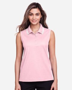 Devon & Jones DG20SW Women’s CrownLux Performance® Plaited Tipped Sleeveless Polo – Pink/ White (on model)