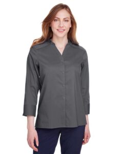 Devon & Jones DG560W Women’s Crown Collection® Stretch Broadcloth Three-Quarter Sleeve Blouse – Graphite (on model)