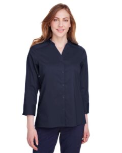 Devon & Jones DG560W Women’s Crown Collection® Stretch Broadcloth Three-Quarter Sleeve Blouse – Navy (on model)