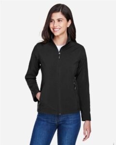 CORE365 78184 Women’s Cruise Two-Layer Fleece Bonded Soft Shell Jacket – Black (on model)