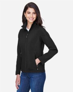 CORE365 78184 Women’s Cruise Two-Layer Fleece Bonded Soft Shell Jacket – Black (on model side)
