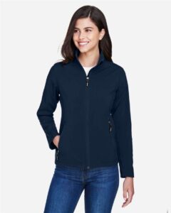 CORE365 78184 Women’s Cruise Two-Layer Fleece Bonded Soft Shell Jacket – Classic Navy (on model)