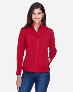 CORE365 78184 Women’s Cruise Two-Layer Fleece Bonded Soft Shell Jacket – Classic Red (on model)